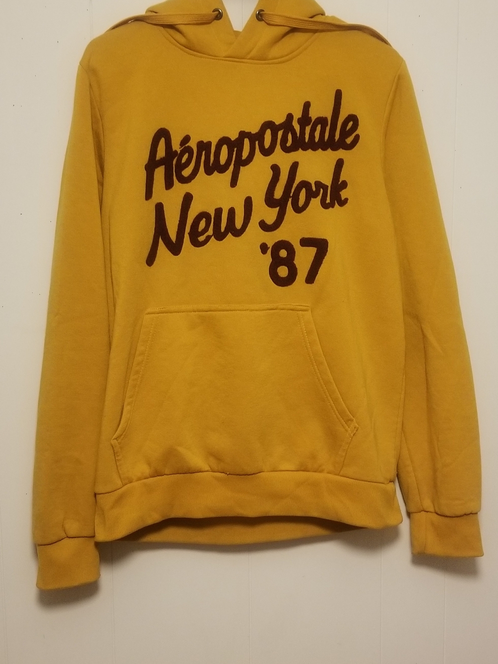 Aeropostale Mustard Yellow Crewneck Hoodie with Maroon Script